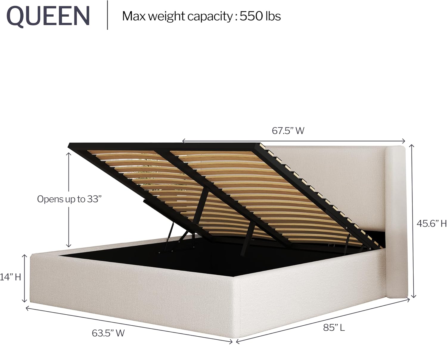 Aura Beige Buttercream Upholstered Queen Size Bed Frame with Storage, Upholstered Headboard, Modern Wingback Design Bed, Metal Queen Bed Frame with High Headboard, No Box Spring Required Queen (U.S. Standard) Biege Buttercream