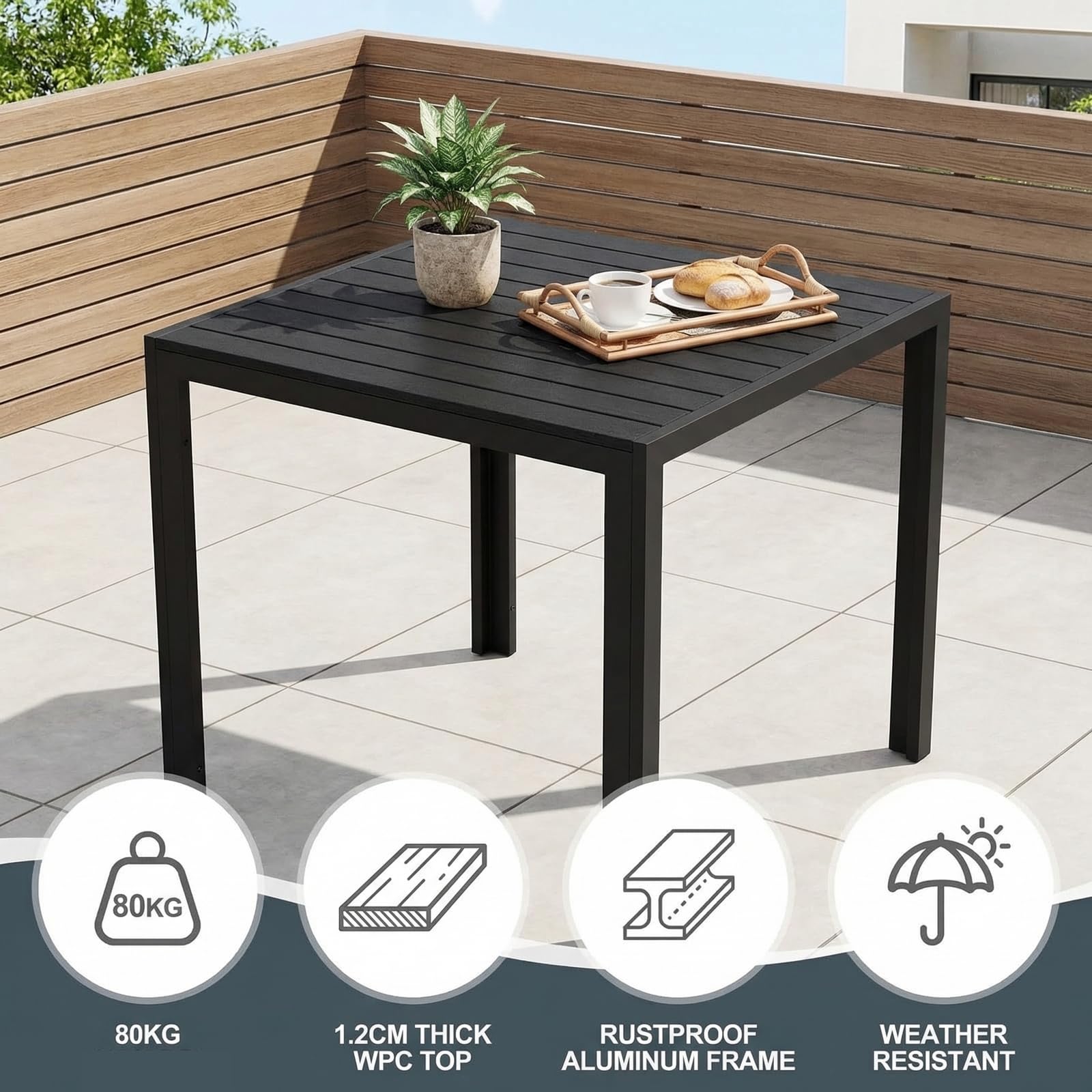LIFERUN Gartenmöbel Set, 5-teilig, mit 4 Stapelbar Sesseln und 1 WPC Quadratischer Tisch, Balkonmöbel, Terrassenmöbel für alle Jahreszeiten, Terrasse, Garten und Außenbereich