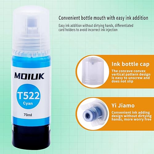 Miniatura 5 de Paquete de 5 botellas de repuesto de tinta T522 522 compatibles con impresoras Epson EcoTank y Workforce ET-2400 a ET-4850, ST-2000 a ST-C4100,