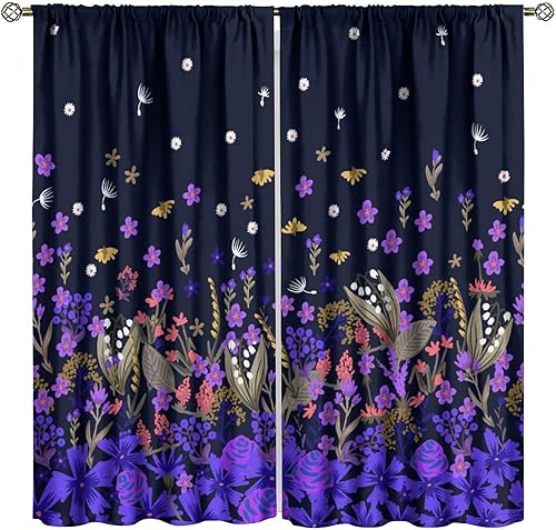 Miniatura 100 de Retro 70s Floral Blackout Window Curtains, Watercolor Flower Plant Rustic Modern Style Pattern Window Drapes, for Bedroom Living Room 42x45in 2