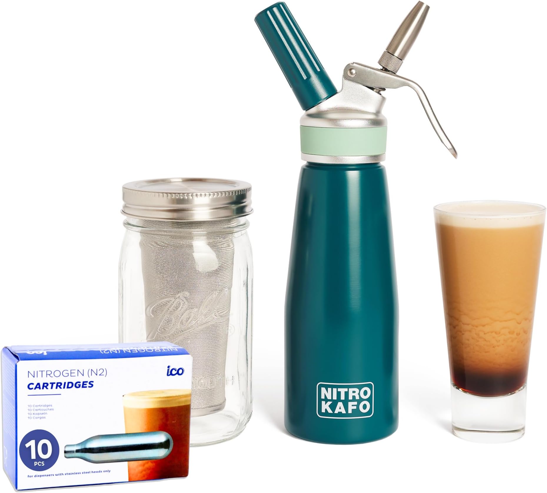 ICO 10pcs Nitrogen Cartridges N2 2g Non-Threaded Chargers and NITRO KAFO Nitro Coffee Maker & Cold Brew Maker, 1 Pint/0.5L