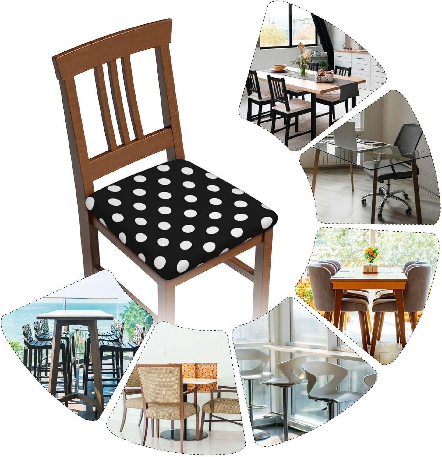 Black and White Polka Dots Print Square Cushion Covers 6 Pcs Set Elastic Non-Slip Seat Cushion Slipcovers Pet Furniture Protectors for Chair, Sofa
