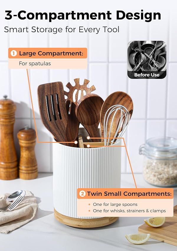 LoeJan 3 Compartment Utensil Holder, 7.2" Extra Large Utensil Crock, Stable Ceramic Utensil Organizer, Cooking Tool Organizer Set for Kitchen Counter Farmhouse Décor by LoeJan - Used condition - Image 3