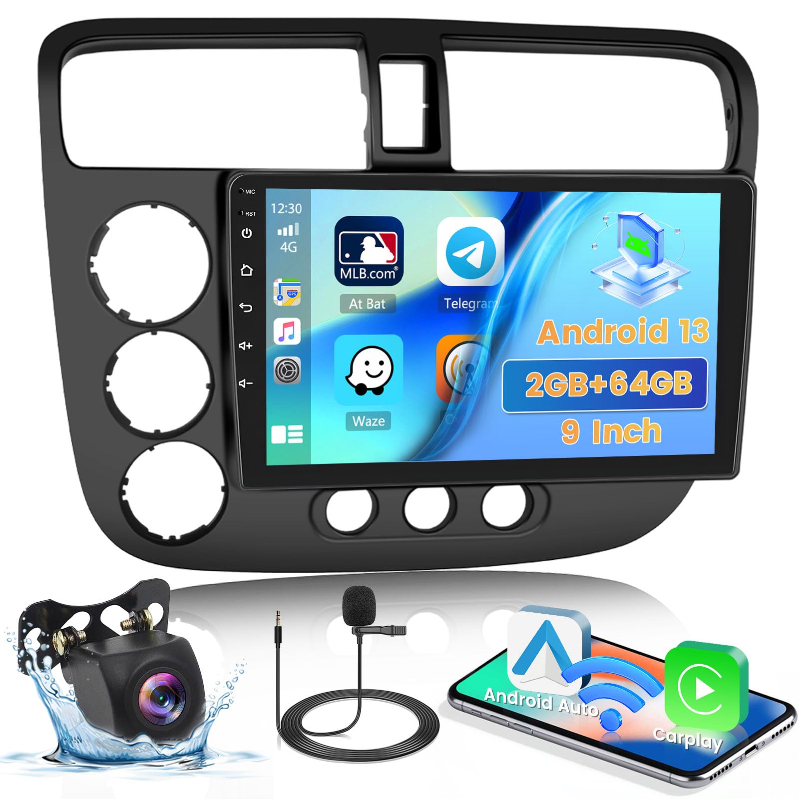 Hikity for Honda Civic 2001-2005 Android Car Stereo Radio 2+64GB 9 Inch Touchscreen Car Radio Wireless Carplay Android Auto Support GPS Navigation WiFi Bluetooth FM EQ Backup Camera