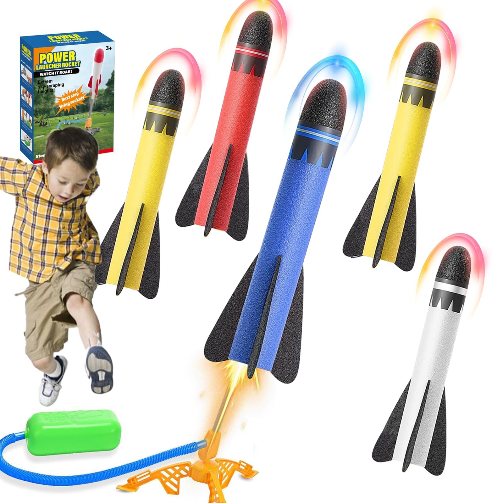LURNODY Juegos Exterior Niños Jardin Set, Cohete Juguete Lanzador para Niños Se Puede Lanzar hasta 100 Pies, Juegos Aire Libre Apto para Niños A Partir de 3 Años (5 Cabezas de Cohete 8,85 Pulgada)