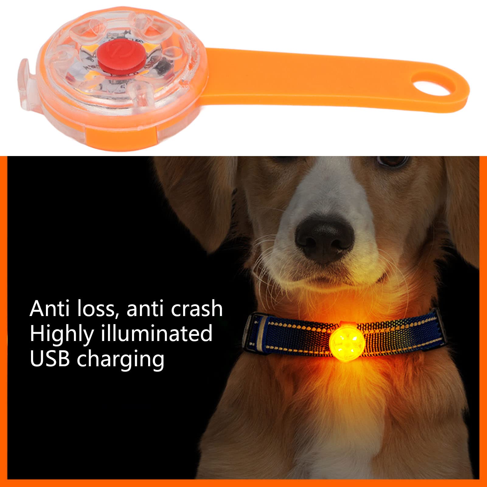 Luce a LED per cani, ricaricabile tramite USB, impermeabile IPX7, con 3 modalità di illuminazione, per collare, borsa, bici e animali domestici. (Arancia)