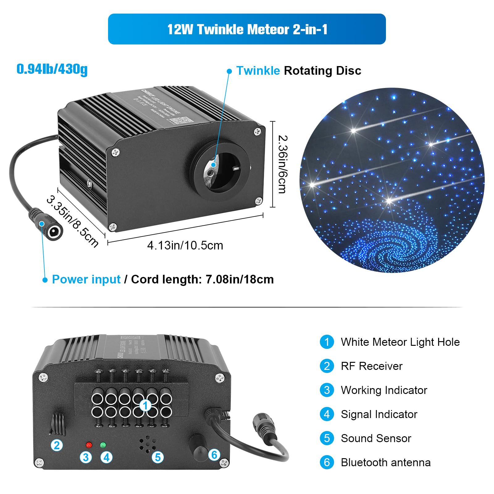 CHINLY 12W Meteoro Luces Techo Estrellado Coche, RGBW Control por APP Bluetooth y Mando, Activación por Música, 450pcs of (0,75mm+1,0mm+1,5mm)*3m Kit Luces Fibra Optica para Coche/Cine/Hogar