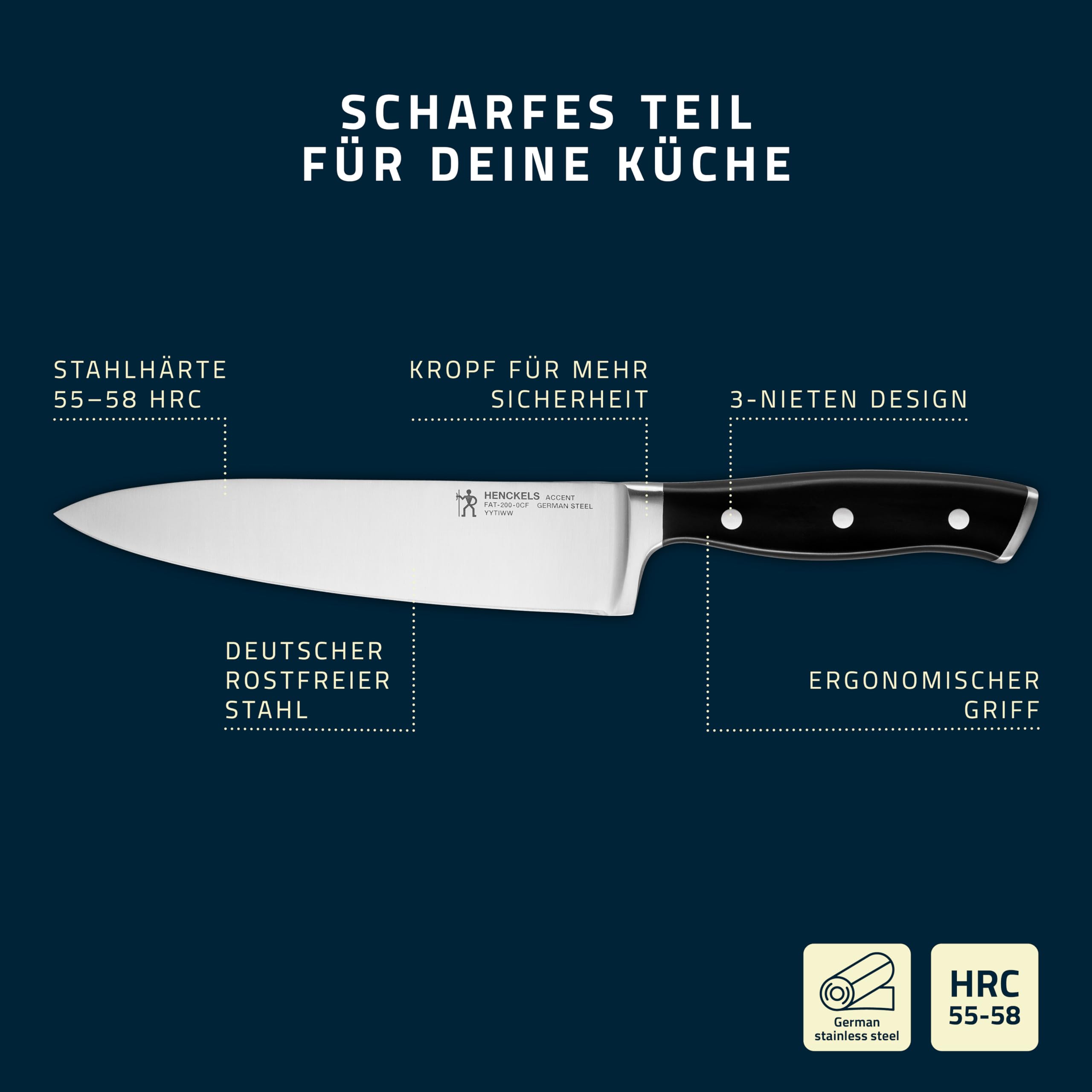 HENCKELS Accent Messerset 3-tlg, Spick-, Fleisch- und Kochmesser | Schwarz mit Nieten