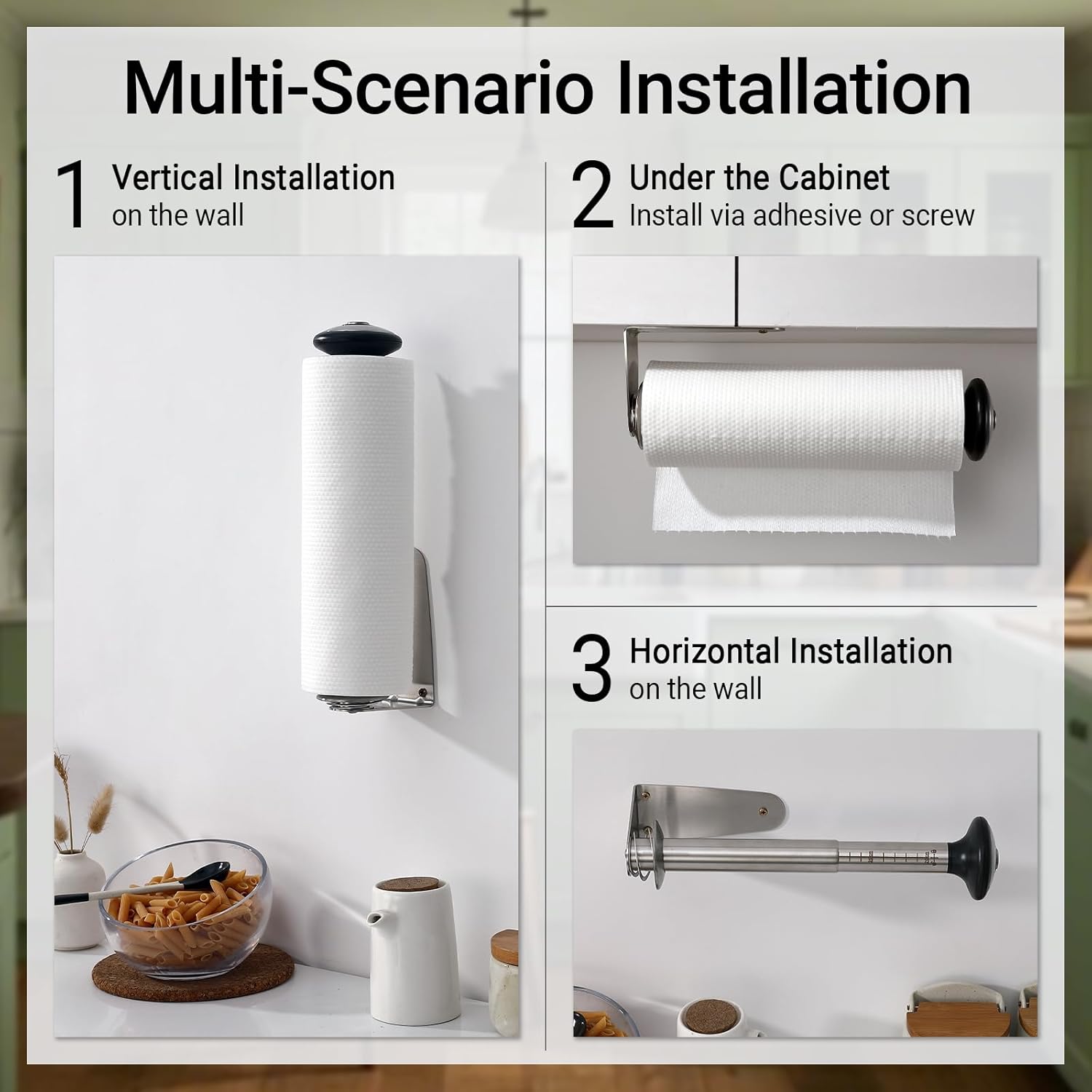 Hoooh Brushed Stainless Steel Wall Mount Paper Towel Holder - Adjustable Length, One-Hand-Tear with Dampener for Under Cabinet, Kitchen or Farmhouse