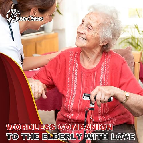 Vista 7 de BeneCane Bastón plegable para mujer con dos luces LED, bastón cuádruple con base estable, ligero y ajustable Rojo tallado