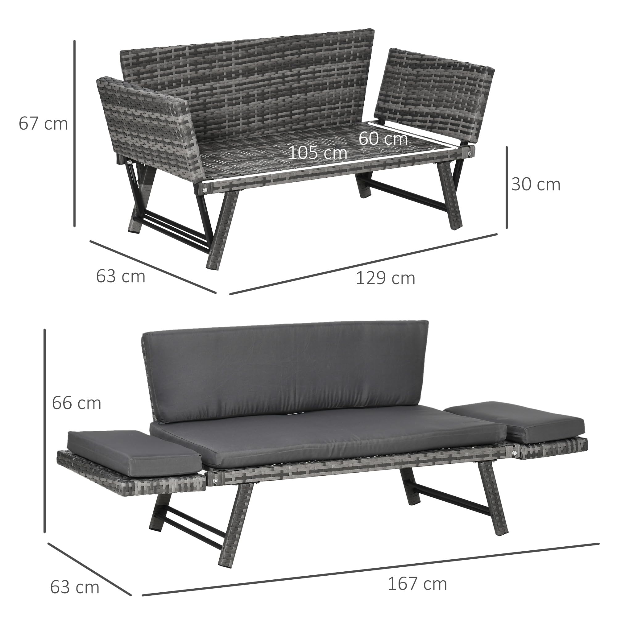 Outsunny Divano 2 Posti con Braccioli Estensibili da Giardino Rattan 129x63x67cm Grigio