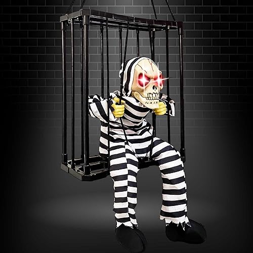 Decoraciones de Halloween animadas aterradoras, accesorio de decoración con sensor de movimiento activado para Halloween, jaula de calavera,