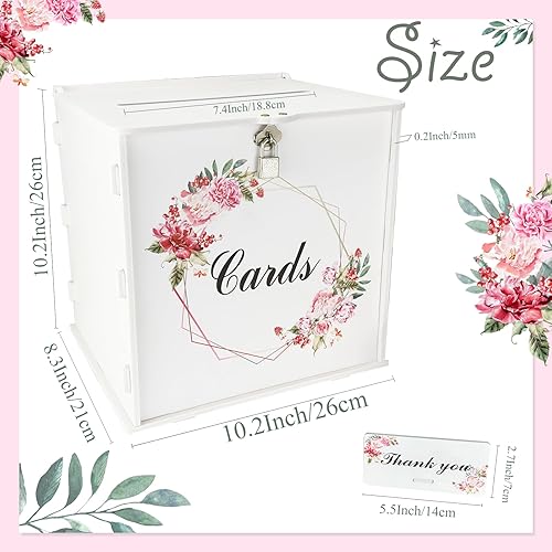 Miniatura 8 de Caja de tarjetas de boda blanca con cerradura, cajas de tarjetas de boda de regalo para recepción con soporte de dinero con letrero de rosa para