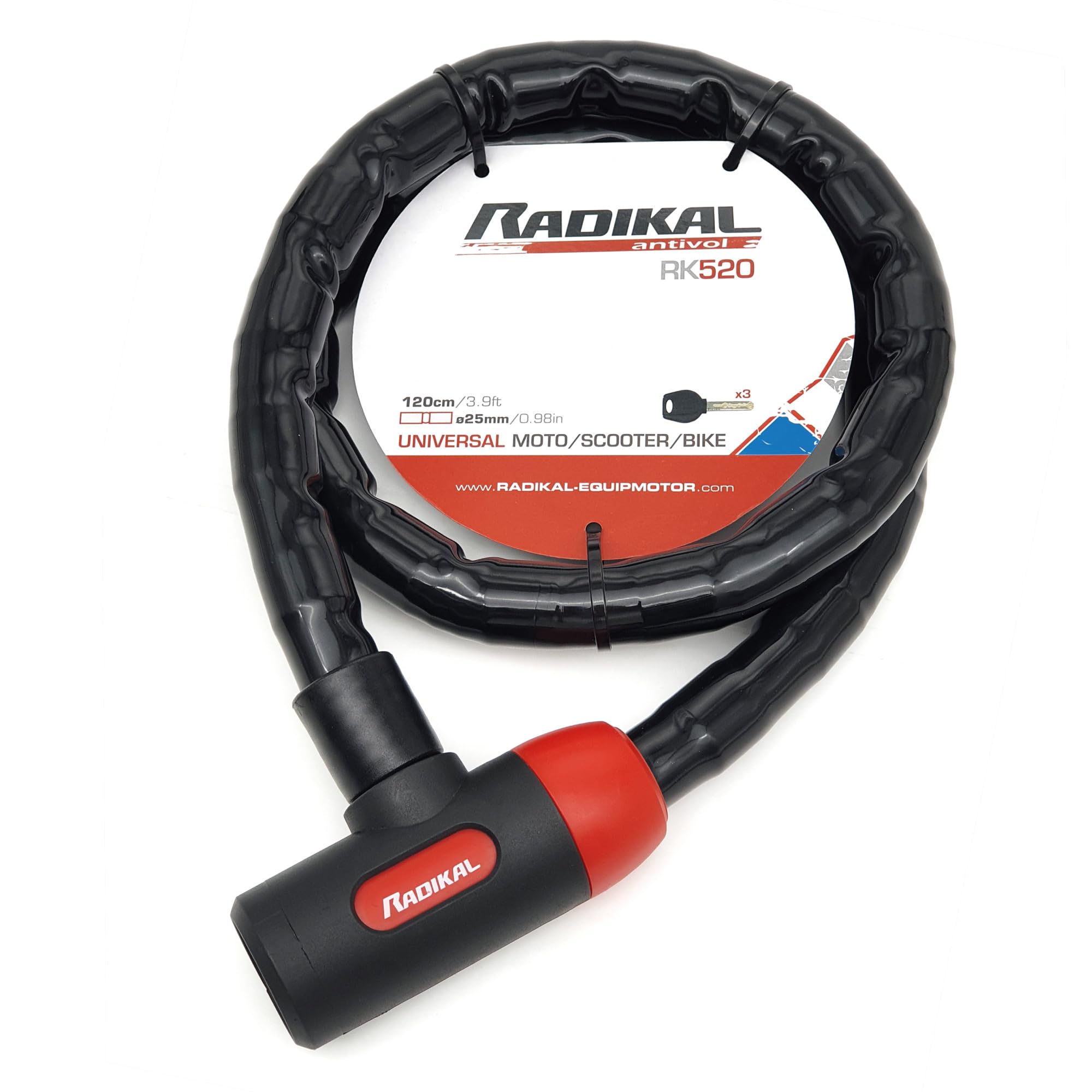 RADIKAL RK520 Antivol Moto et Velo, Python Câble en Acier Articulé Blindé de 120 cm, Flexible, Serrure Haute Sécurité, Anti vol pour Moto, Vélo, Scooter, 120 cm