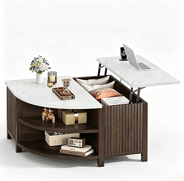 Coffee Table Lift Top, 35.4 Fluted Coffee Table w/Outlets, Brown