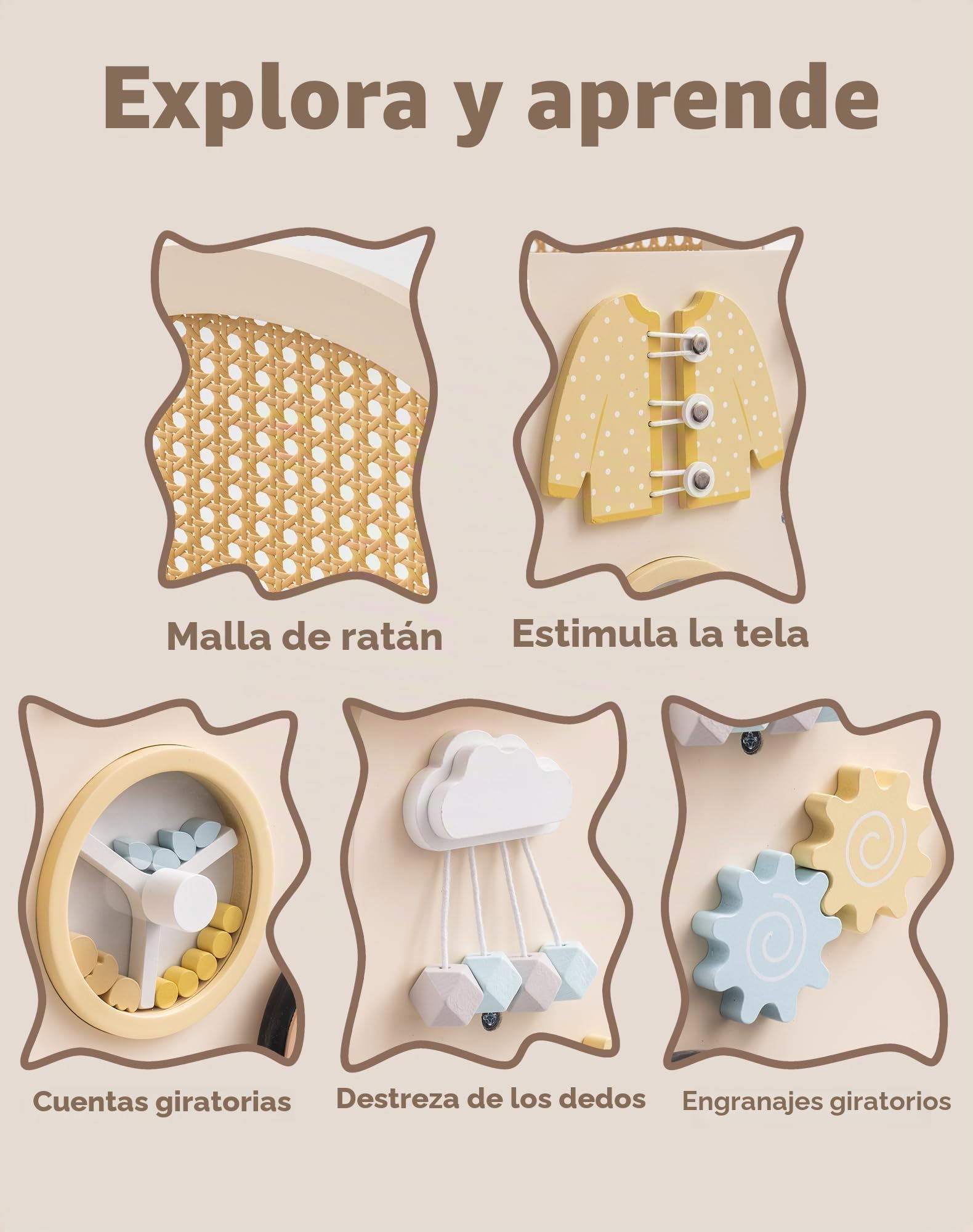 ROBUD Andador de madera 2 en 1 con muñeco, actividad Montessori, freno de seguridad y juguete para motricidad infantil