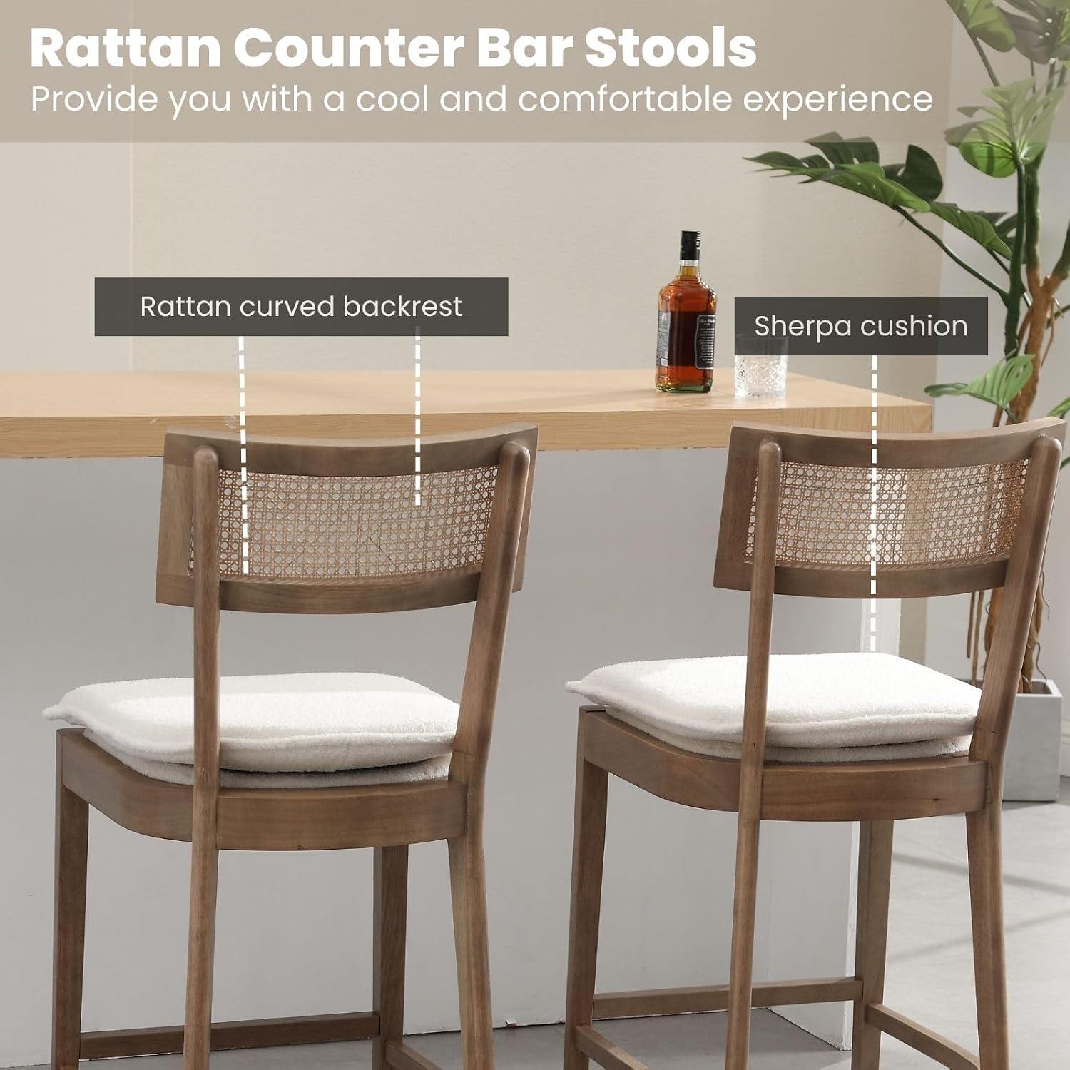 26” Rattan Counter Stools Set of 4, Wood Counter Height Bar Stools with Sherpa Upholstered, Wicker Bar Stools with Cane Back Footrest for Kitchen Island Pub Dining Room Bistro, Light Brown