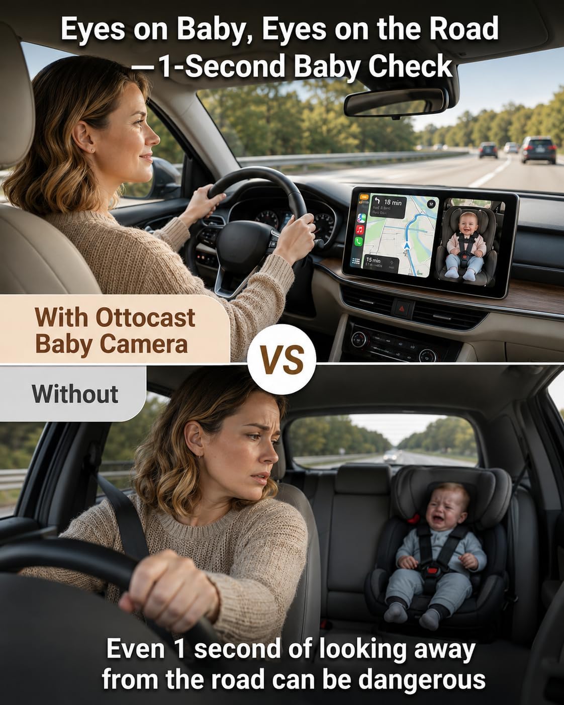 OTTOCAST Baby Car Camera 2026,Wireless CarPlay Adapter (No Android Support) | Display the Baby View on the Original Car Screen,Split Screen for Navigation & Baby Monitor,Wired CarPlay to Wireless