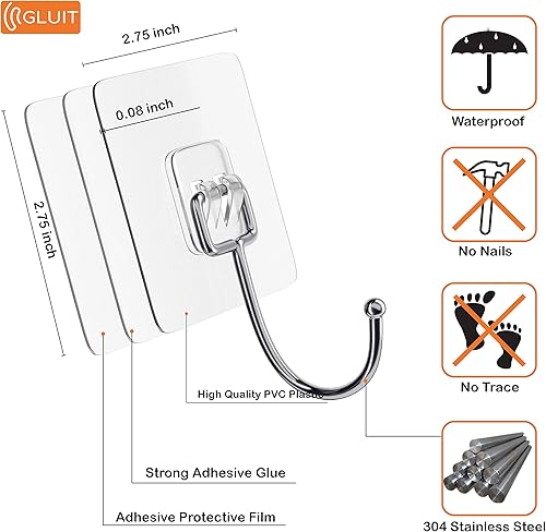 Miniatura 2 de GLUIT Ganchos adhesivos grandes para colgar, ganchos resistentes para colgar de 22 libras, ganchos para toallas de bata, ganchos de pared adhesivos