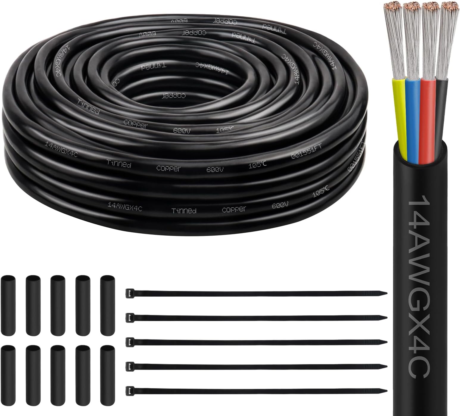 - 14 Gauge 4 Conductor Electrical Wire, 14 AWG Tinned Copper Stranded PVC Cable, Waterproof/Flexible/Low Voltage Extension Cord for Automotive, Marine, Solar, LED Lighting (25FT)