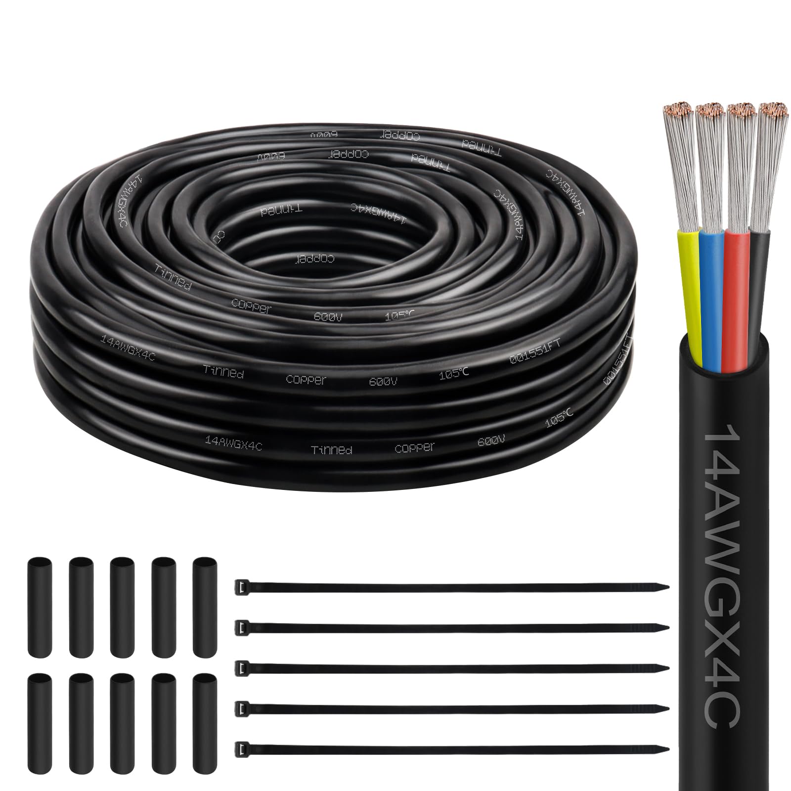 - 14 Gauge 4 Conductor Electrical Wire, 14 AWG Tinned Copper Stranded PVC Cable, Waterproof/Flexible/Low Voltage Extension Cord for Automotive, Marine, Solar, LED Lighting (25FT)