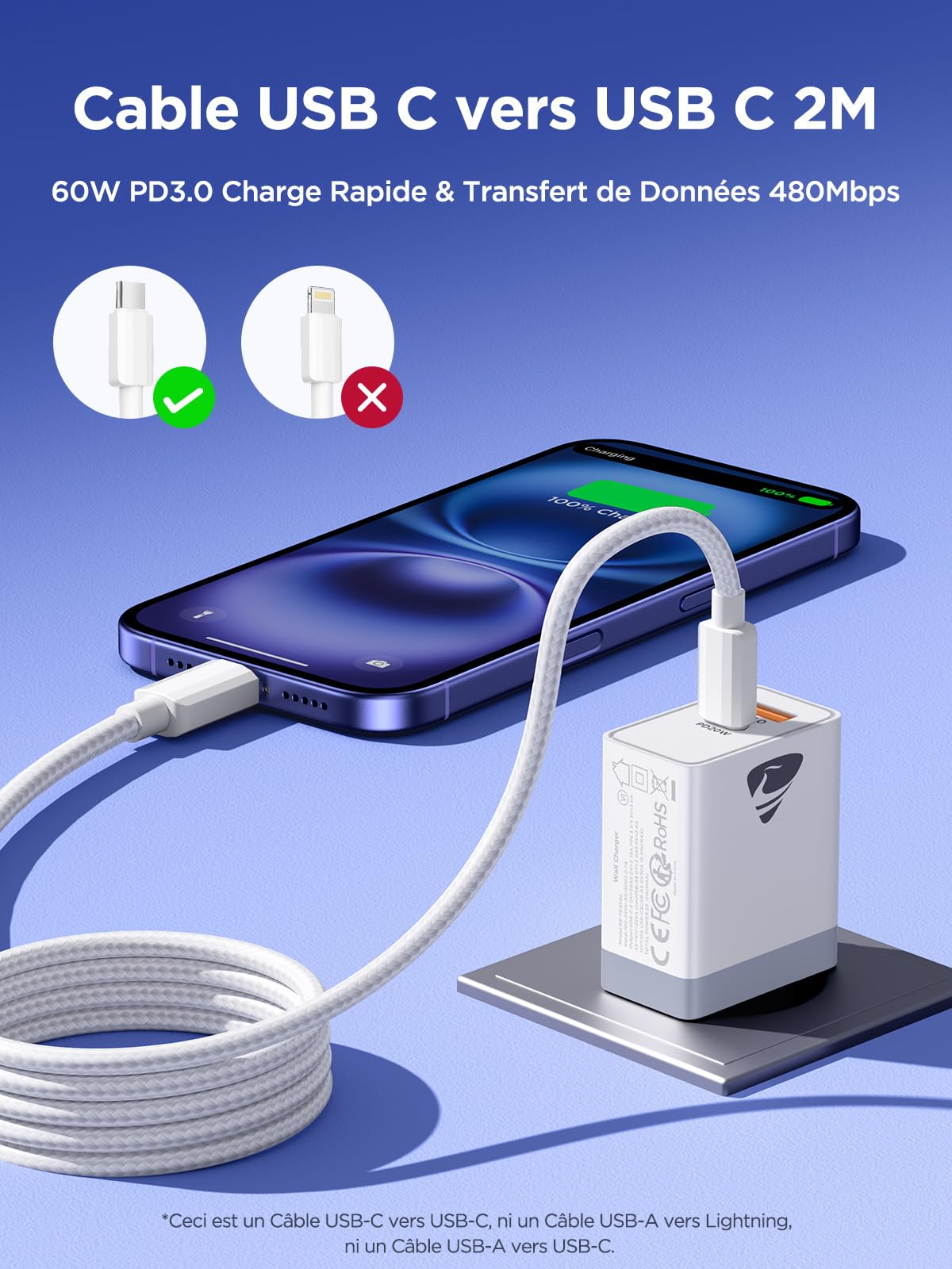 Chargeur USB-C 20W + Câble 3m – Rapide Pour IPhone 17/16/15, IPad, Samsung, PD 3.0