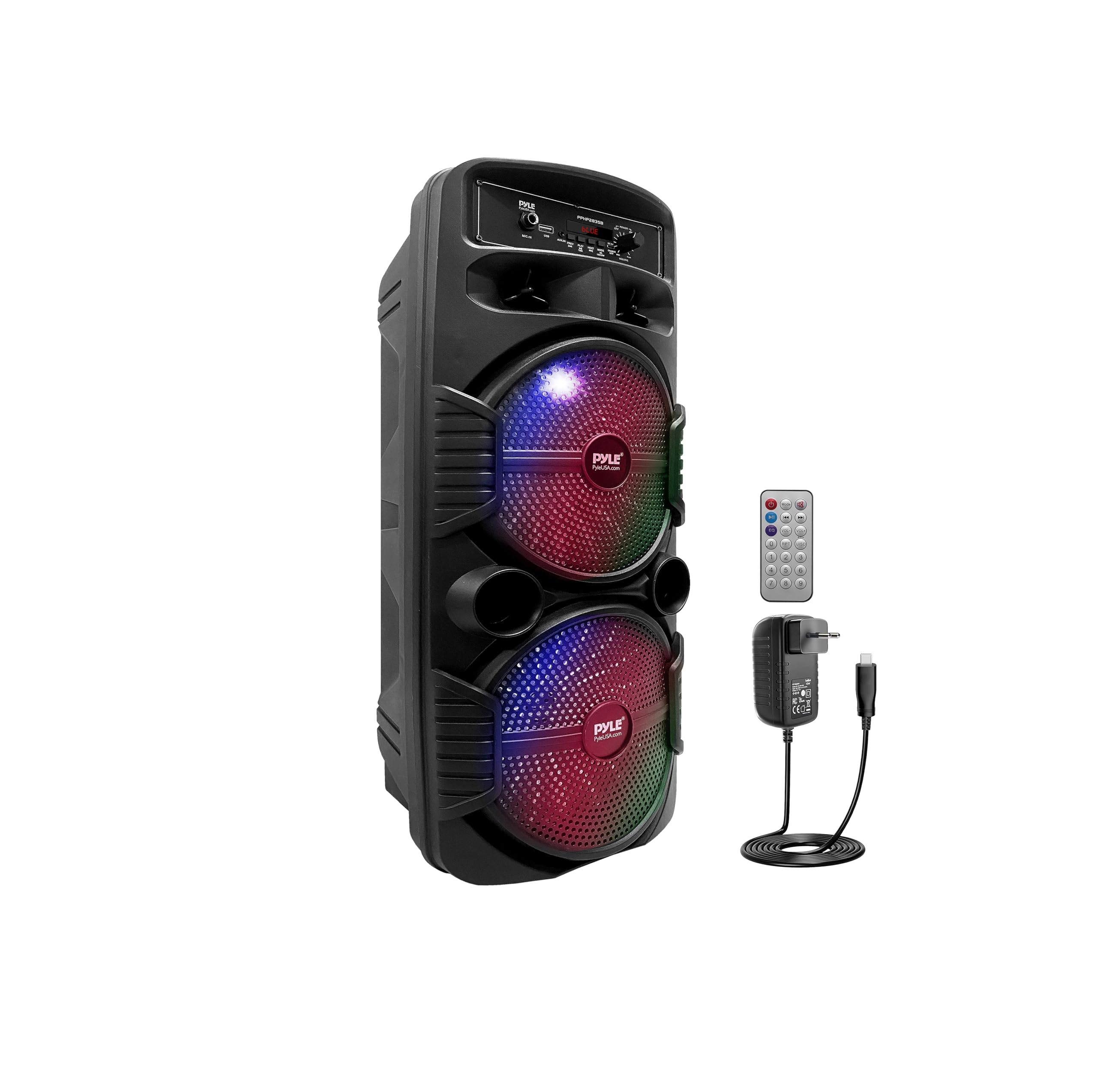 Pyle Speaker System, PA, 600W, Bluetooth, Portable, Rechargeable, Indoor, Outdoor, 8" Subwoofer, 1" Tweeter, Recording Function, Microphone, Party Lights, USB/SD Radio, Black