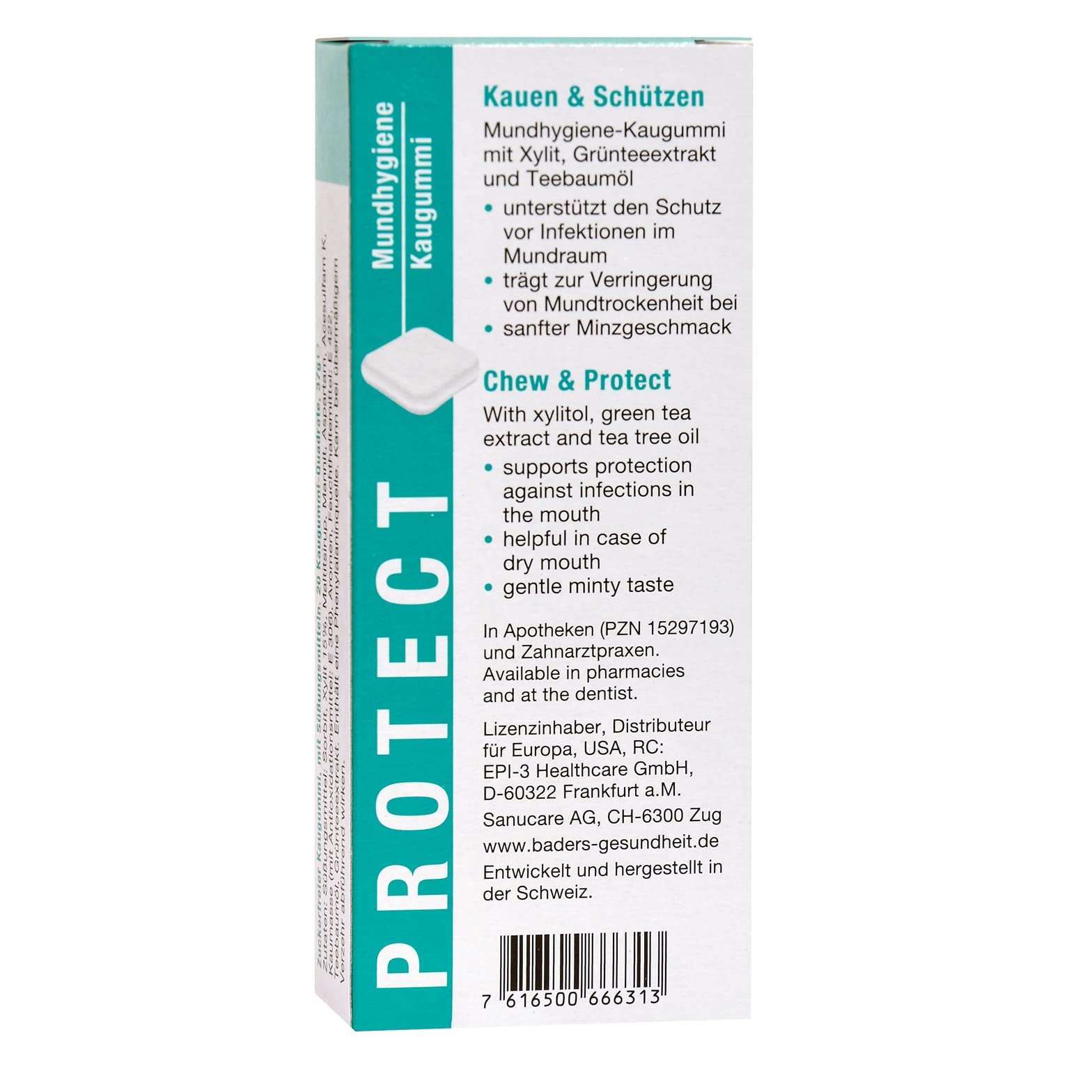 Ralf Baders Health Baders Protect Oral Hygiene Pharmacy Chewing Gum, Antibacterial Oral Protection with Tea Tree Oil, Green Tea and Xylitol, 3 x 20 Chewing Gum Squares, 111g