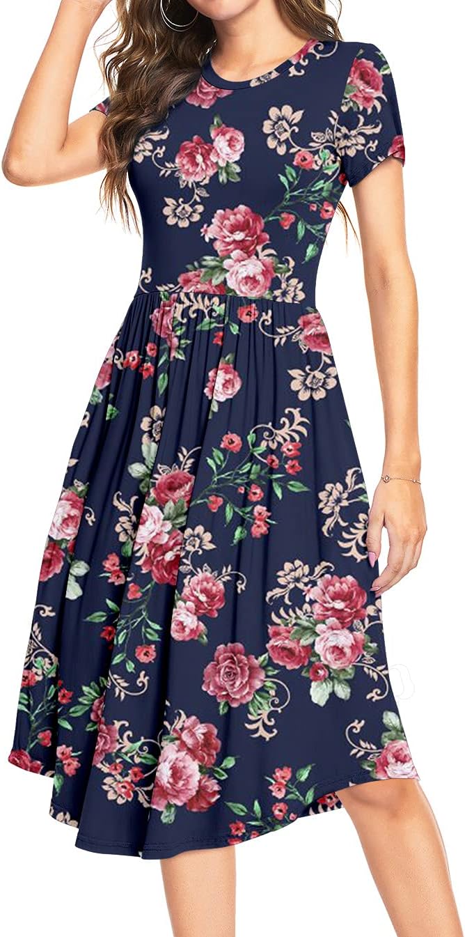 YUNDAI Women Polka Dot Casual Tunic Dress Pleated Loose Flowy Midi Dress with Pocket