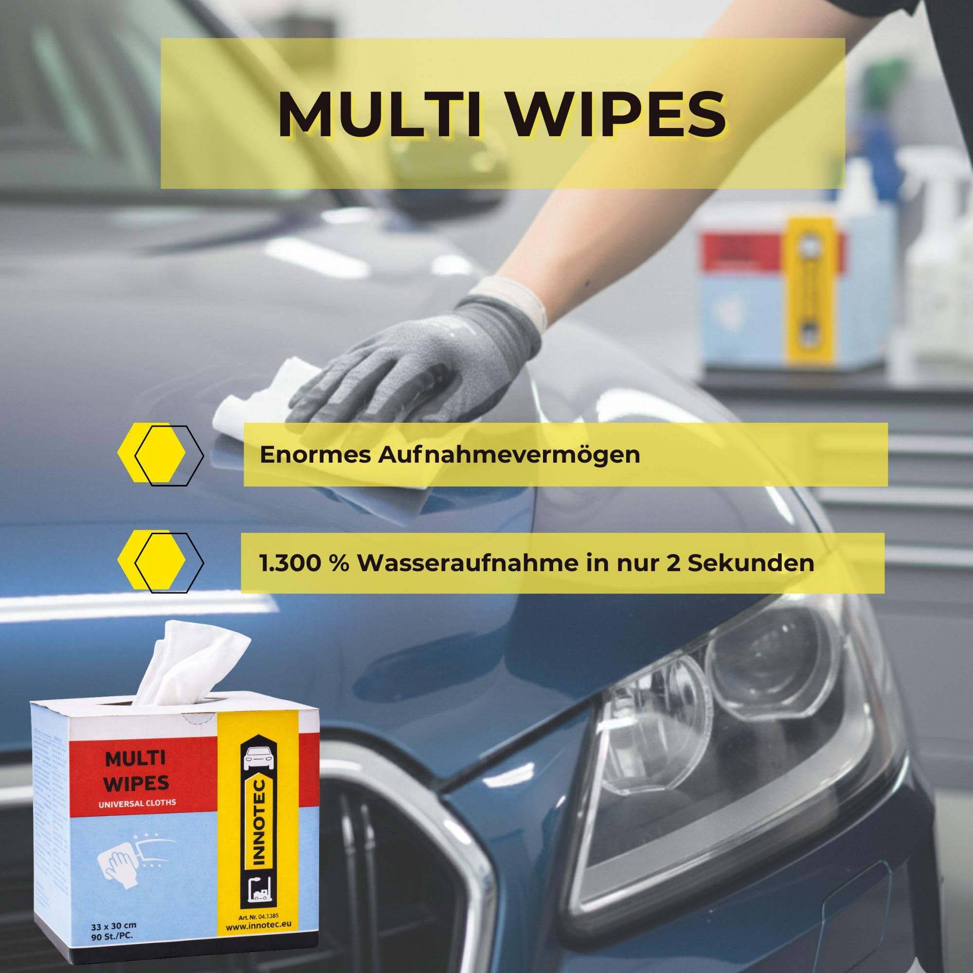 4 Stück INNOTEC Multi Wipes 90 Stück Karton – Profi Universal-Reinigungstücher fusselfrei & reißfest – Kfz Werkstatt Putztücher ideal für Politur, Glas & Entfettung – Saugstark & Chemikalienbeständig
