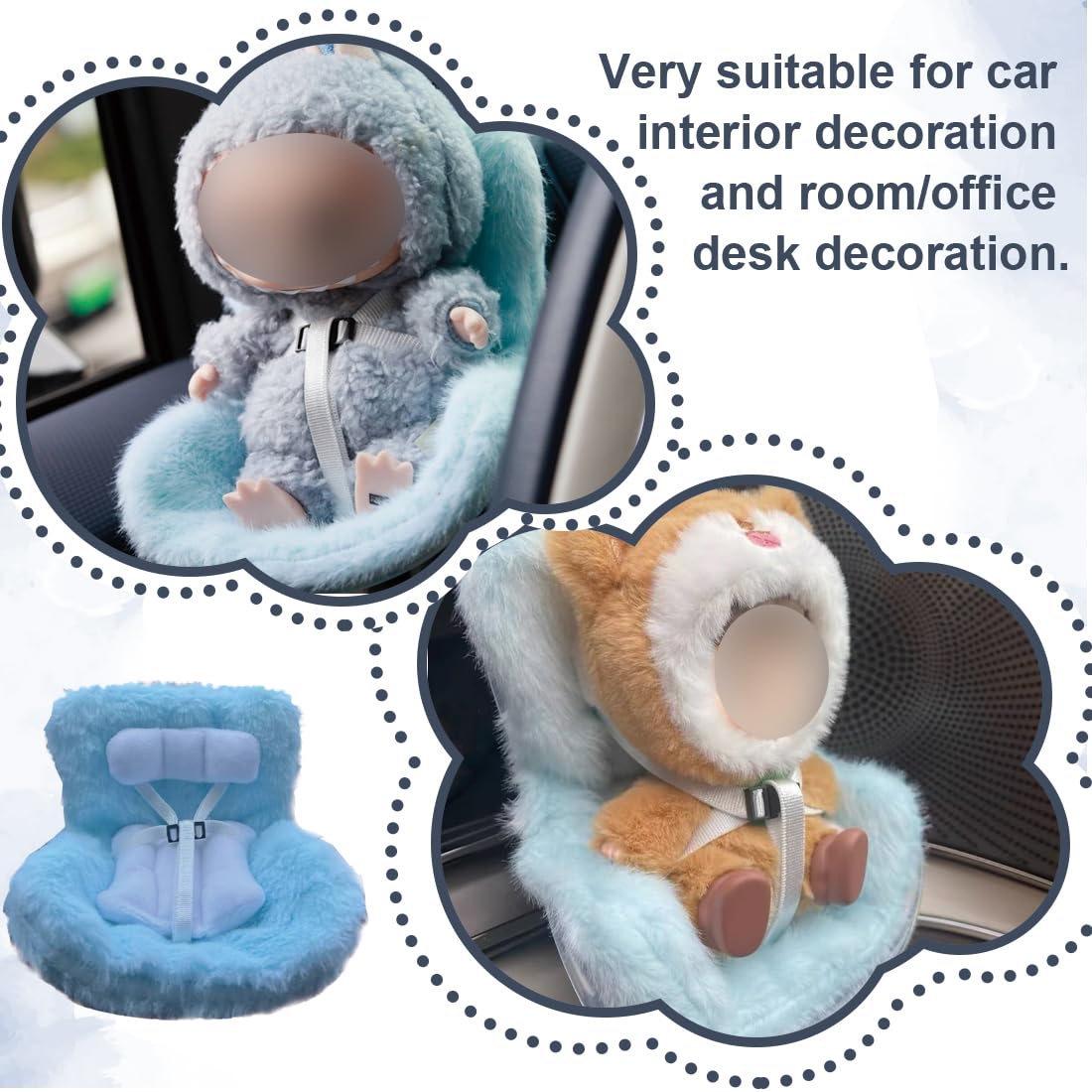 NHQZ Asiento de coche para muñecas Labo con suave cojín de felpa,clip de ventilación,decoracion coche,bonita y práctica decoración de coche para Labo y coleccionistas de muñecas(Azul)