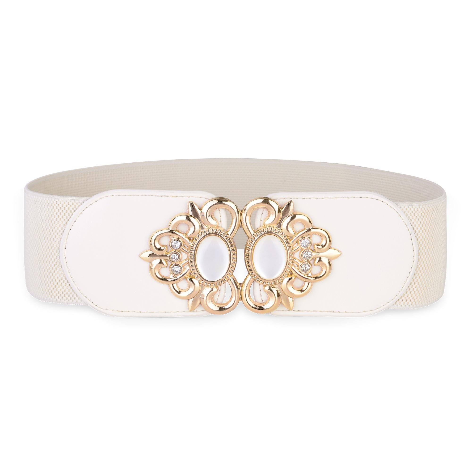 BlackButterfly Stretchy Vintage Wide Waspie Elastic Pearl Buckle Waist Belt (Beige, XXL)