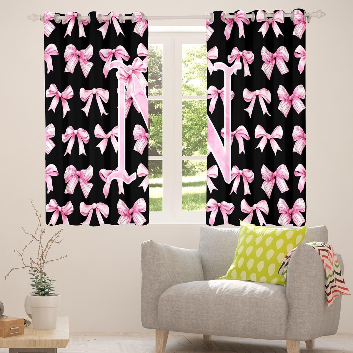 Erosebridal Teen Girl Coquette Bow Curtains 2 Panels Fantasy Pink and Black Initial Bow Window Curtain Monogram N Blackout Curtains Girly Fantasy Bowknot Room Decor,38" Wx54 L(N)
