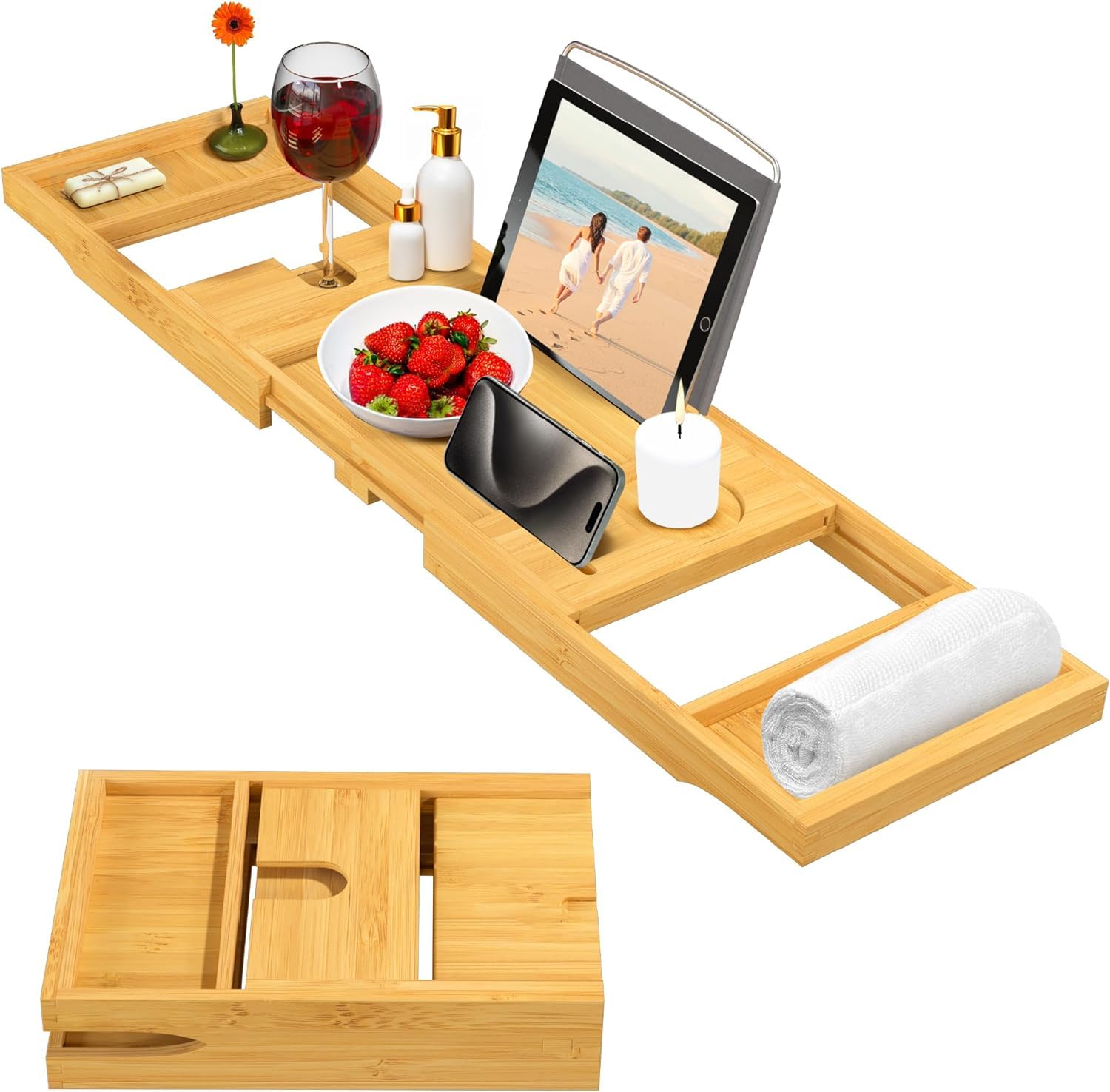 Adjustable Bamboo Bath Tray, Non-Slip Folding Bathroom Caddy with Extending Sides, Built-In Holders for Mug, Smartphone, Frame, Book, Tablet, and Wineglass, Eco-Friendly Design for Relaxing Bath