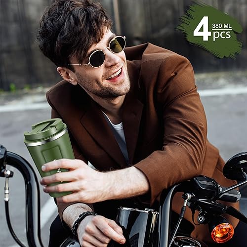 Miniatura 5 de 4 tazas de café de viaje aisladas de 13 onzas con tapa a prueba de fugas, taza de café de acero inoxidable, vaso portátil reutilizable para mantener