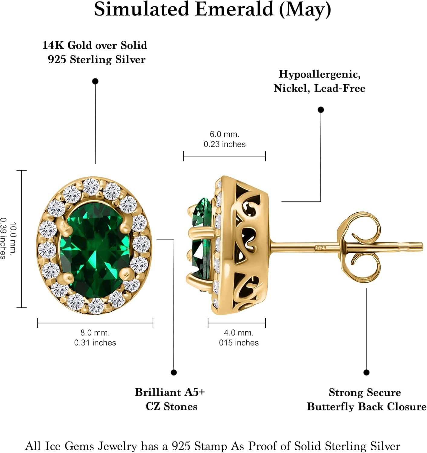 Yellow Gold Flashed Sterling Silver Simulated Emerald and Cubic Zirconia Accents Oval Halo Stud Earrings