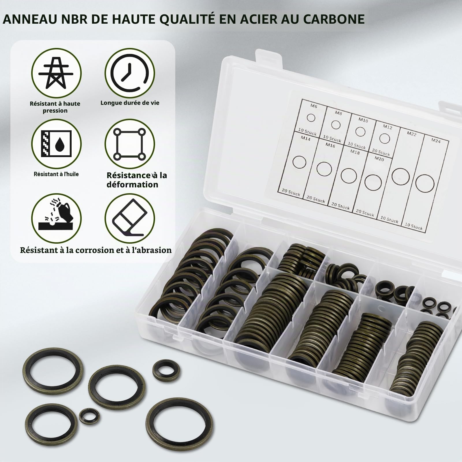 Rondelle Lot de 150 Joints D'étanchéité Hydrauliques avec Lèvre en Caoutchouc, M6-M24 Bague D'huile D'étanchéité en Caoutchouc Métallique, Rondelle Plate, pour Hydraulique Centrale, Direction Serve