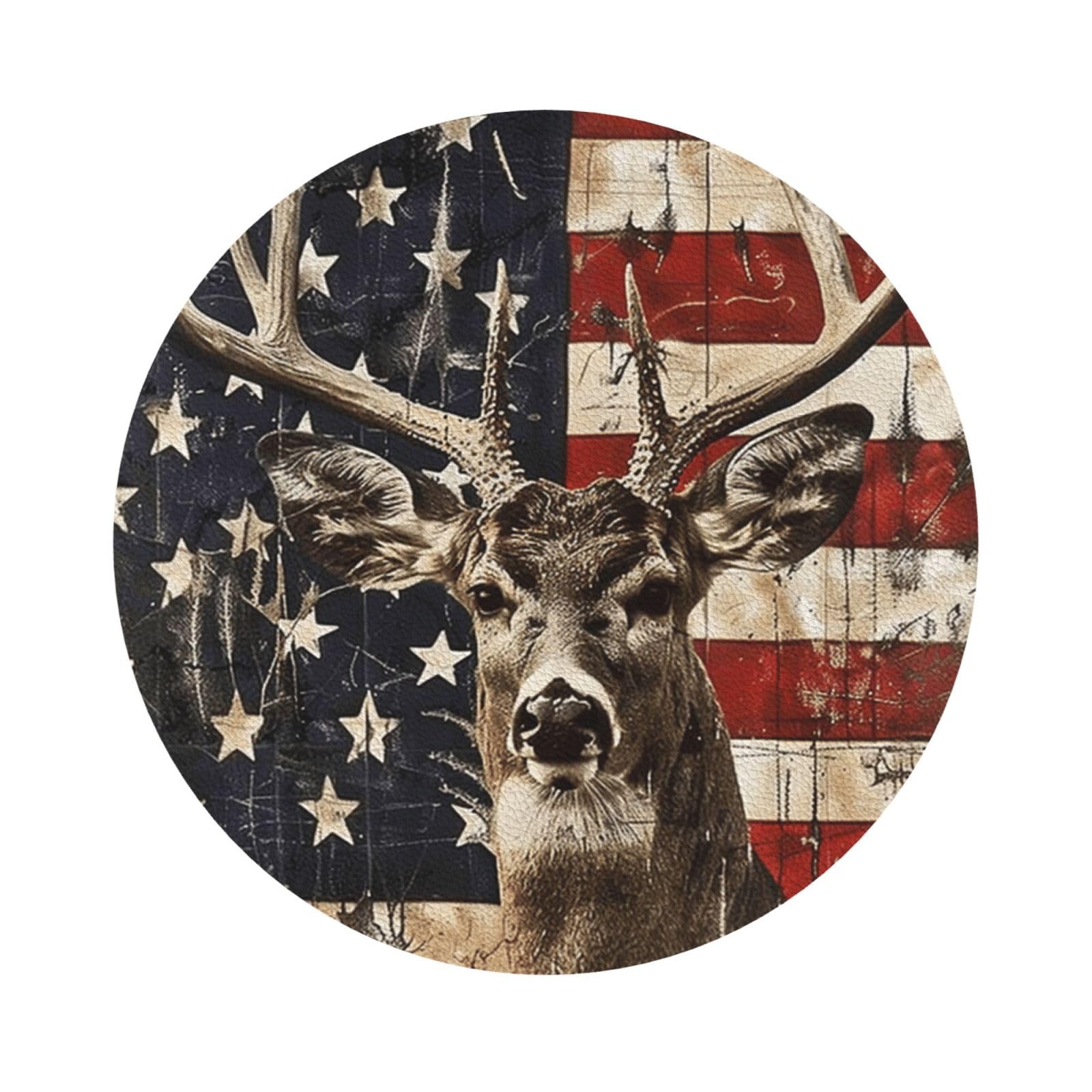 Americana Flag Deer Print Leather Coaster Set of 6, Round Shape Coasters Table Decorative Coffee Cup Beverage Coasters Wine Beer Bar Coasters for Hot Drinks Table Protection