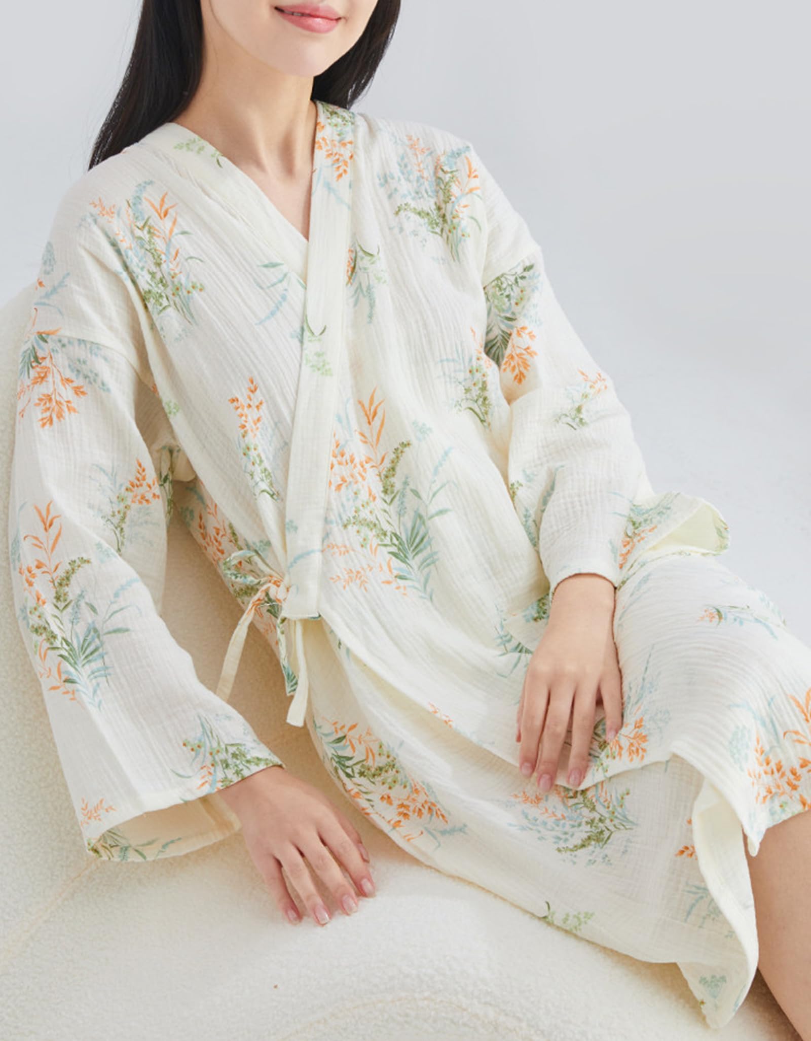 Damskie BawełNiane Szlafroki Gazowe Wygodne z Dekoltem w Serek z DłUgim RęKawem Letnie Lekkie Kimono Szlafroki Do Spa