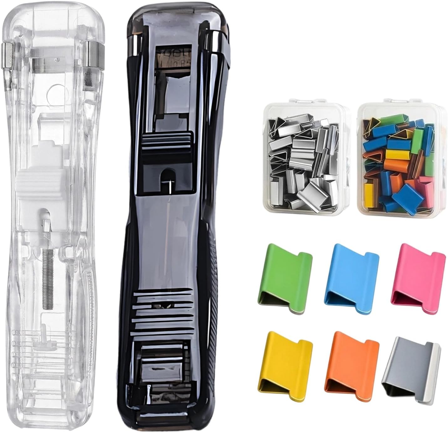 2 Pcs Portable Binder Clip Stapler - Includes 100 Reusable Clips, Stapleless Stapler for Binding Homework and Organizing Documents, Compact Paper Clamp Dispenser for Office and School Use