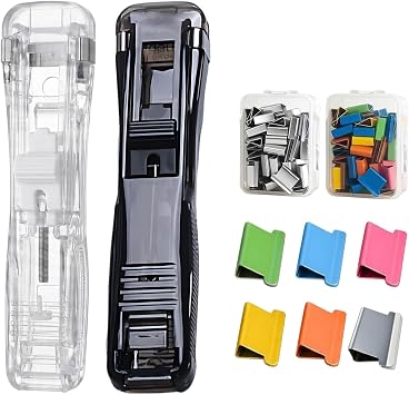 2 Stapleless Staplers Portable Binder Clip Stapler, Includes 100 Reusable Stainless Steel Paper Clip Dispenser for Home, School, and Office Use, Transparent Design with Easy One-Hand Operation