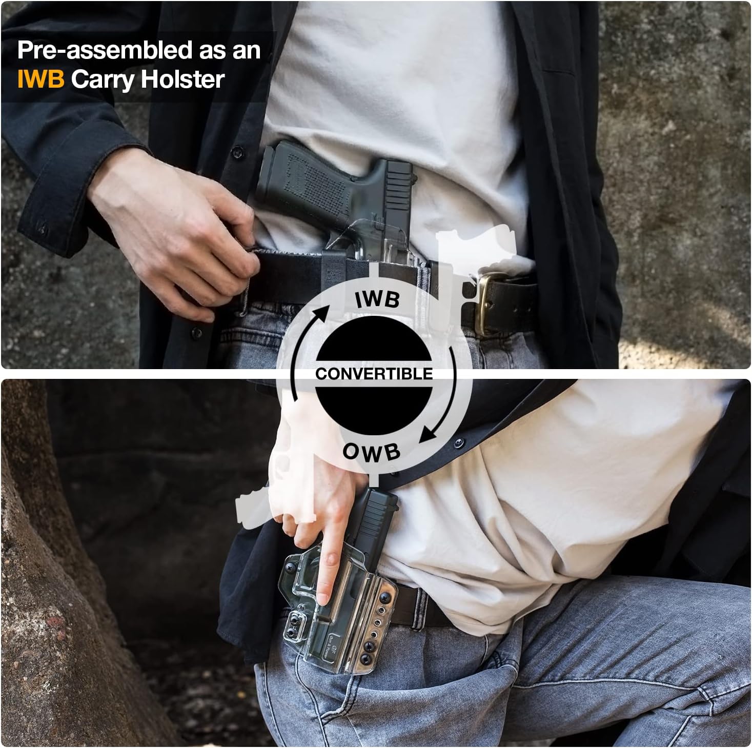 OWB&IWB Convertible Clear Holster,Fit 5-Inch 1911 | G19 G17 G22 G23 G31 G32 G45|G43 G43X|Sig P365, P365 XL,P365 SAS|Taurus G3C G2C PT111 PT140|S&W MP Shield 9mm/.40 M2.0, Adj. Ride Height Retention