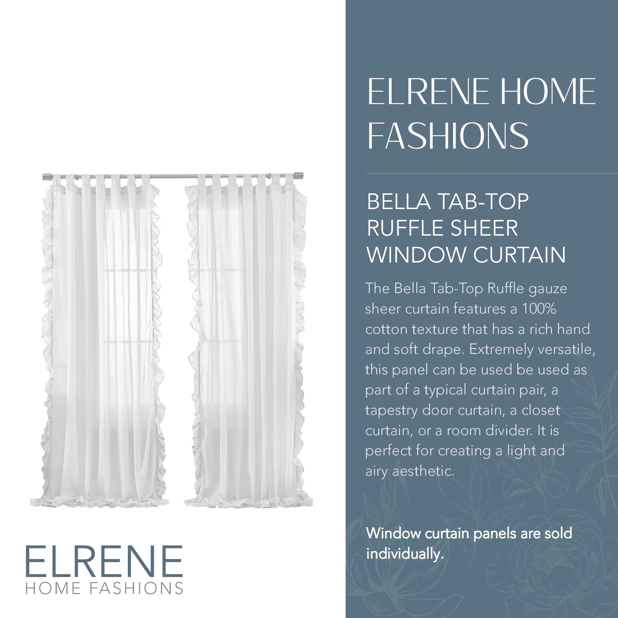 Elrene Home Fashions Tab-Top Ruffle Sheer Window Curtain Panel for Living Dining Room, Bedroom, Cotton, White - Image 2