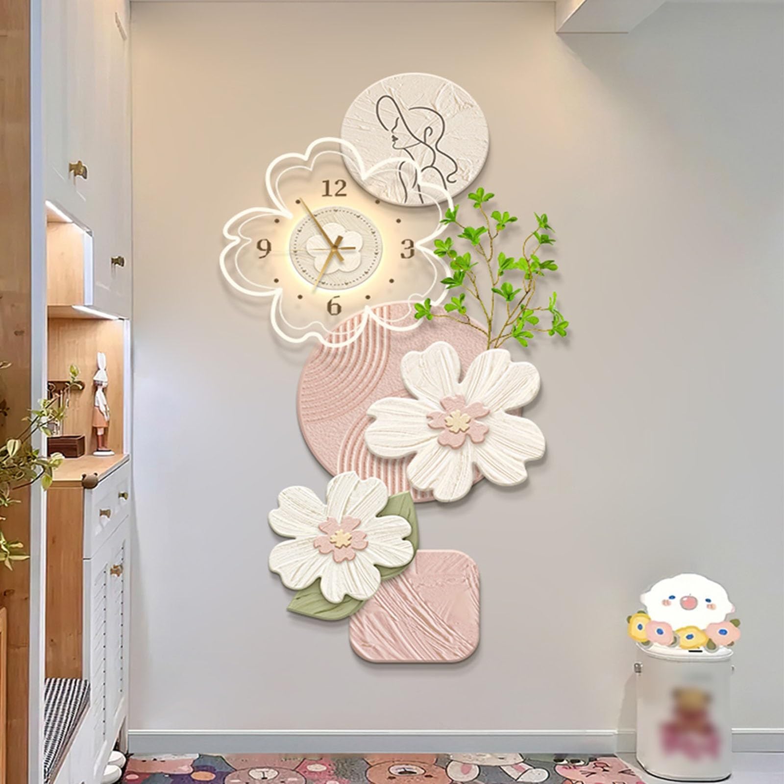 Dekoracyjny obraz z zegarem Large Floral Wall Light Decoration with Clock and Remote Control, Adjustable Wall Light Wall Clock Mural Decoration Lampa ścienna(Green,70 * 140cm)
