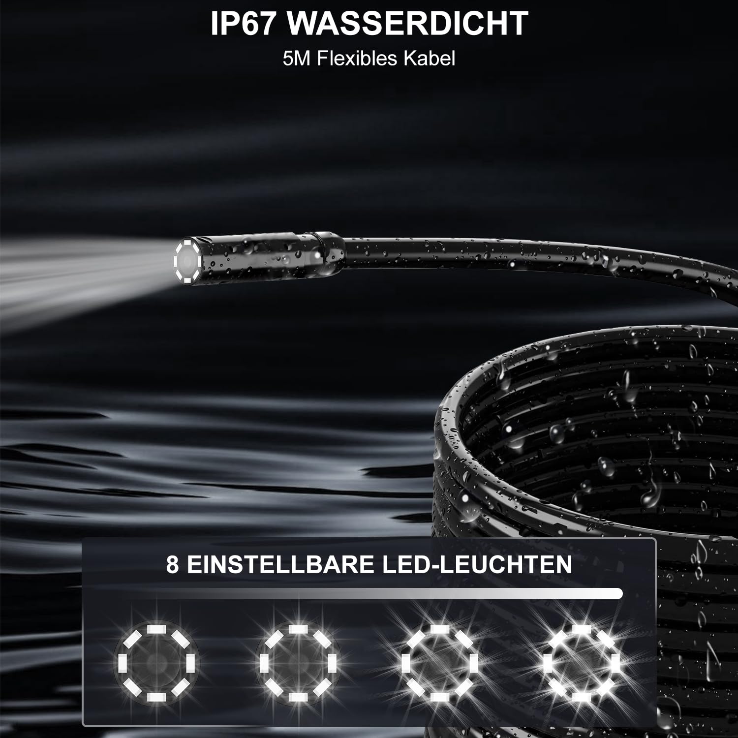HANMATEK 1080P Industrieendoskop, 4,3-Zoll-TFT-Bildschirm, 5 m Flexibles Kabel, 8-mm-Kamera mit Einstellbarer LED-Beleuchtung, 1 Million Pixel, Foto-/Videoaufzeichnung, USB-C-Aufladung | 1080P / 1 Million Pixel, 5m flexibles Kabel, 8-mm-Kamera, Einstellba