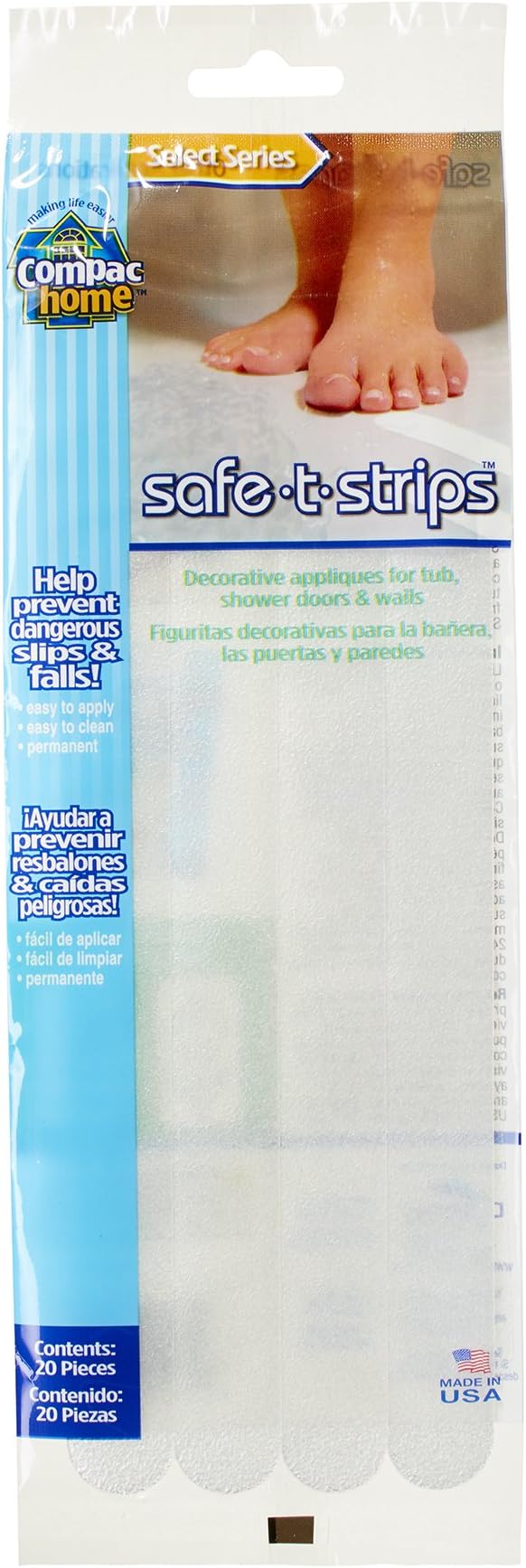 COMPAC HOME Select Safe-T-Strips, Functional Bath Appliques for Tubs & Showers, Bath Stickers Non-Slip Keep Children, Elderly Safe from Slipping, 20 Count, Clear