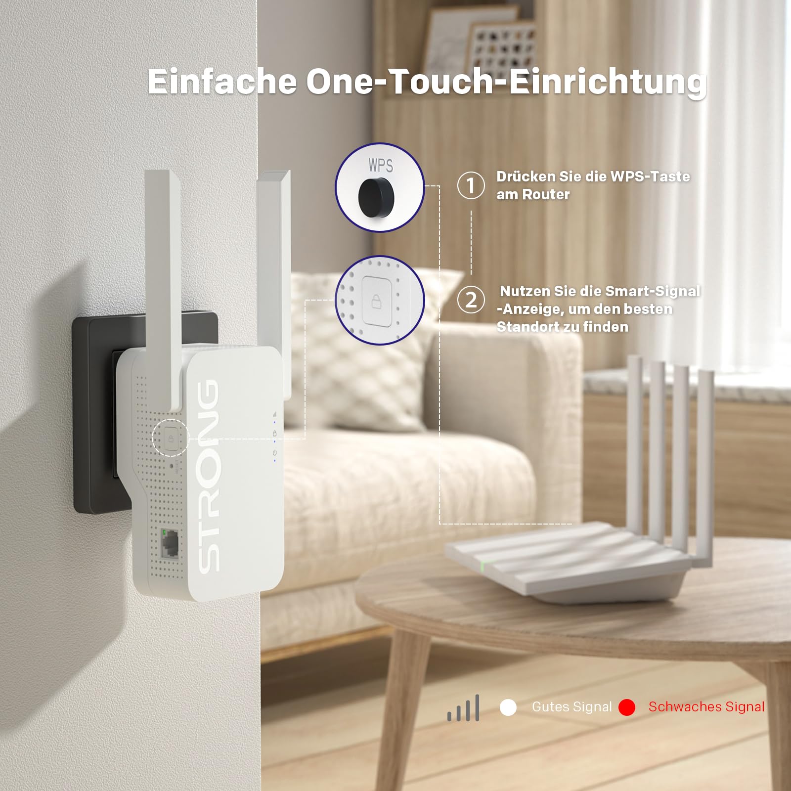 STRONG WLAN Verstärker AX3000 Wi-Fi 6 für Steckdose – Dualband Repeater & Internet Verstärker mit 2 externen Antennen, Smart LED, Access Point Modus, hohe Reichweite für Streaming & Gaming, kompatibel