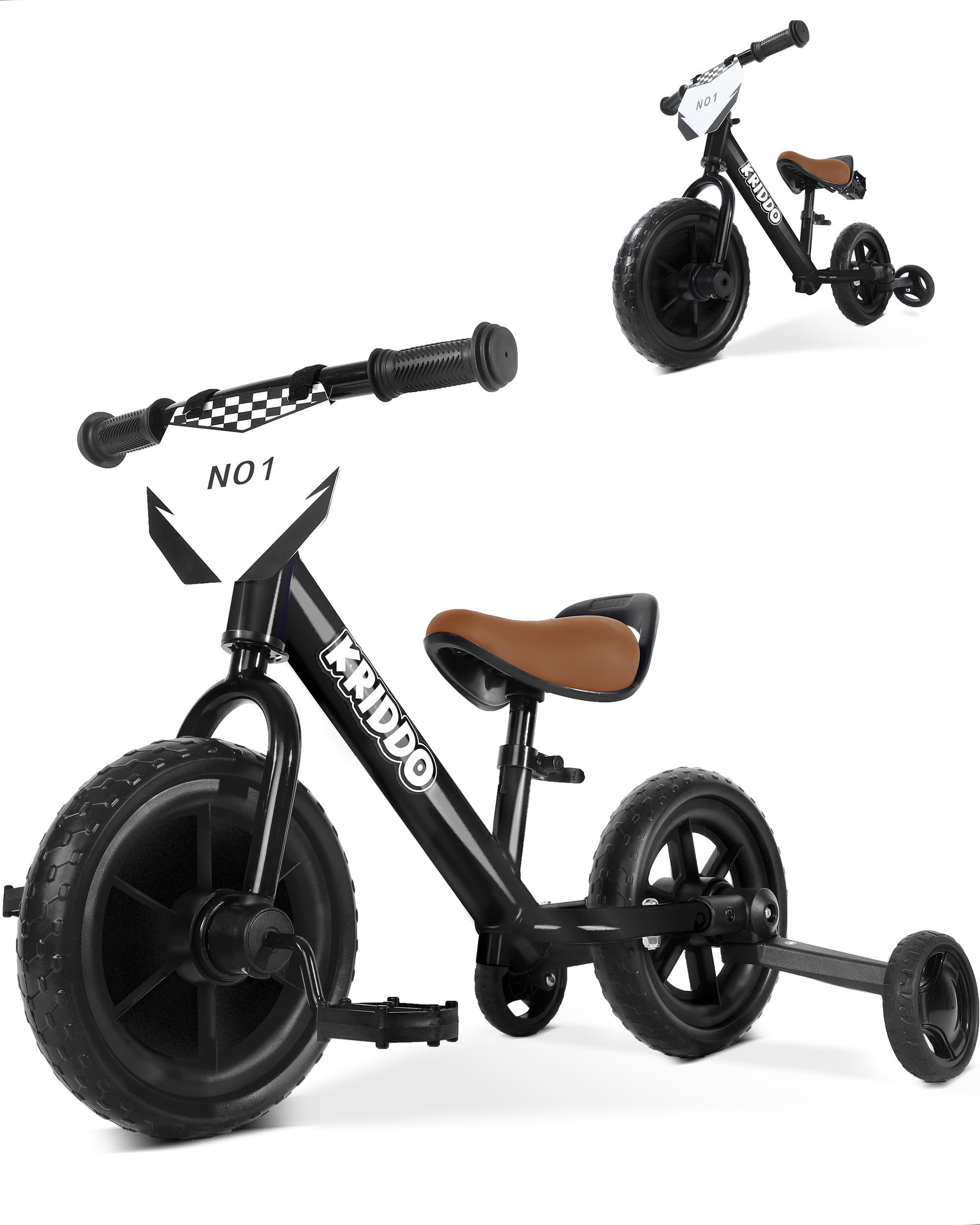 KRIDDO 2-in-1 Kids Tricycle and Toddler Balance Bike 2 Year Old, Detachable Pedals and Stowable Training Wheels, DIY Plate, Riding Trikes Toy for Ages 18 Months to 3 Years, Black