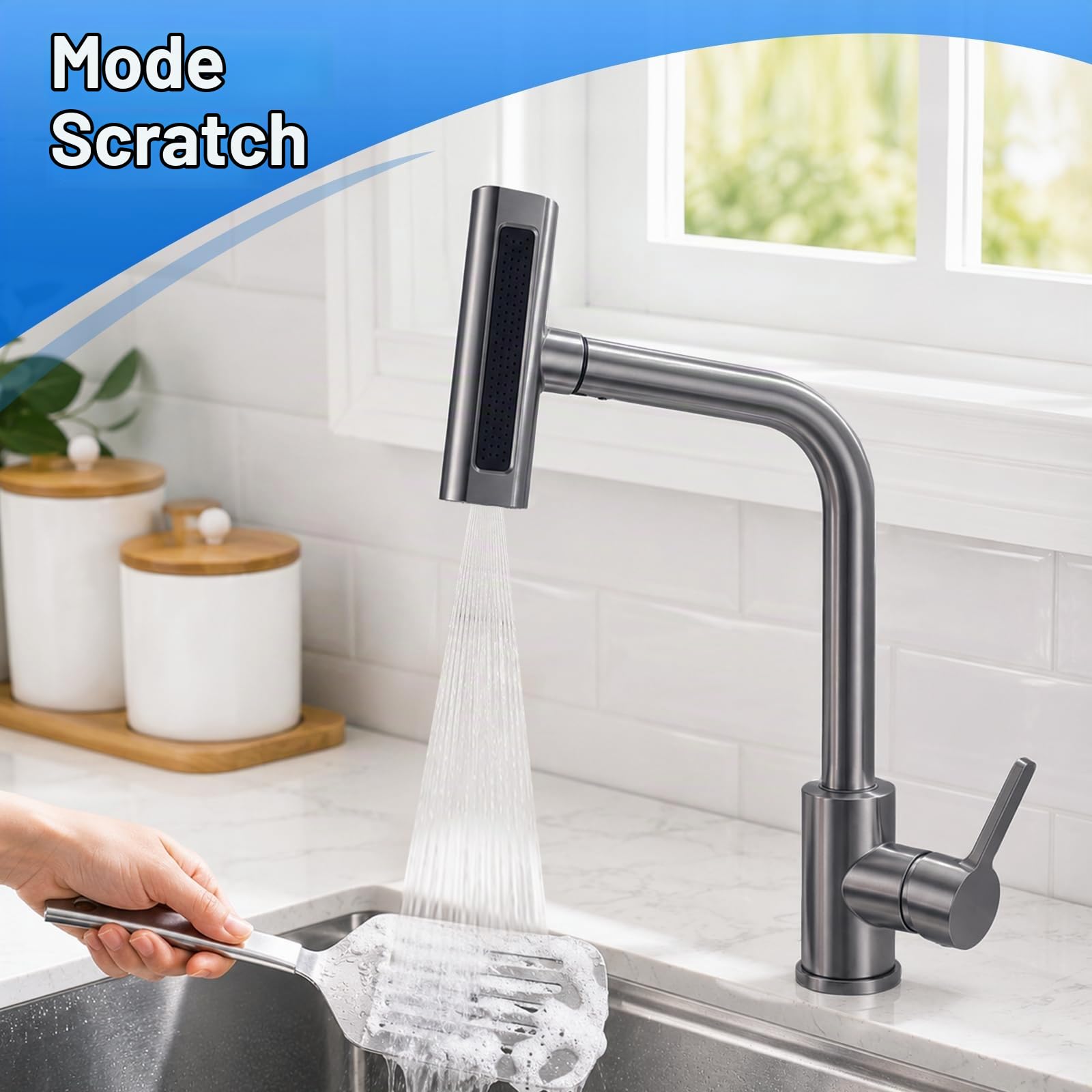 Robinet de Cuisine Rétractable – Mitigeur Évier 360° en Inox 304 Brossé, 4 Modes de Jet (Mousse/Lame/Pluie/Cascade), Douchette Extractible 60 cm