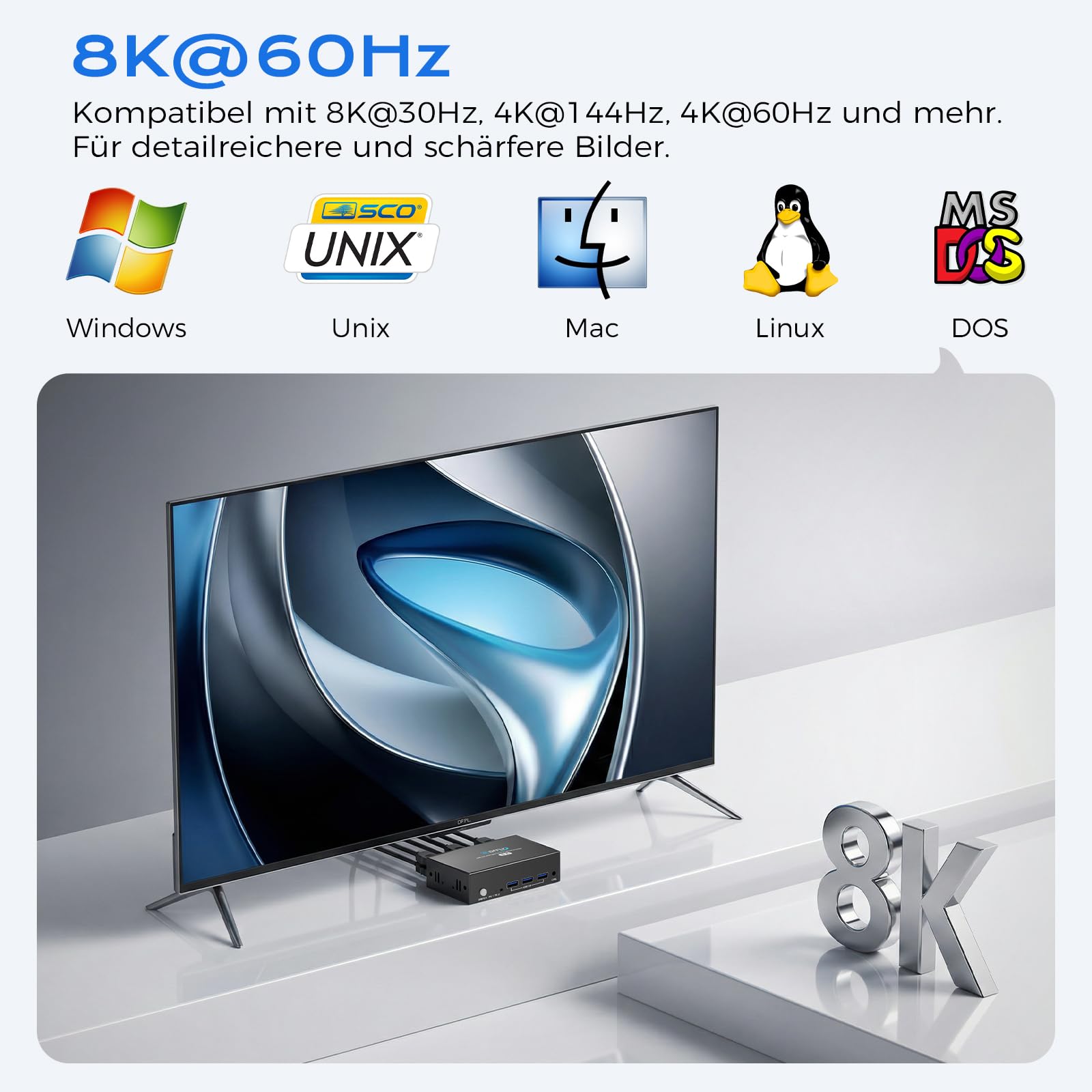HDMI KVM Switch 2 PC 2 Monitor 8K@60 Hz 4K@120Hz, KVM Switch für 2 Computer Teilen 2 Monitor und 4 USB Geräte mit 2 USB 3.0 Kabeln und Desktop-Controller